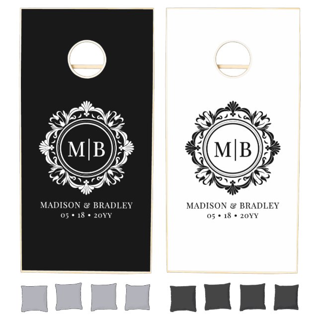 Ornate Floral Monogram Wedding Elegant Black White Cornhole Set (Set)