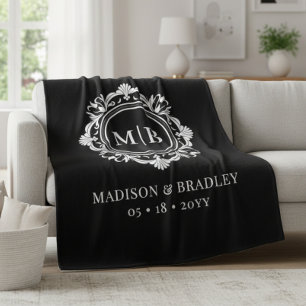 Ornate Floral Monogram Wedding Elegant Black White Fleece Blanket