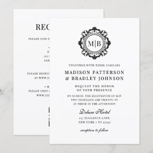 Ornate Floral Monogram Wedding Elegant Black White Invitation