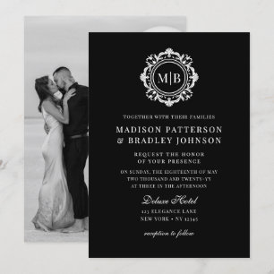 Ornate Floral Monogram Wedding Elegant Black White Invitation