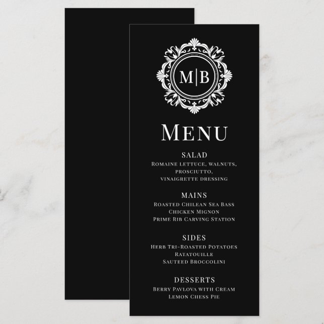 Ornate Floral Monogram Wedding Elegant Black White Menu (Front/Back)