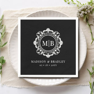 Ornate Floral Monogram Wedding Elegant Black White Napkins
