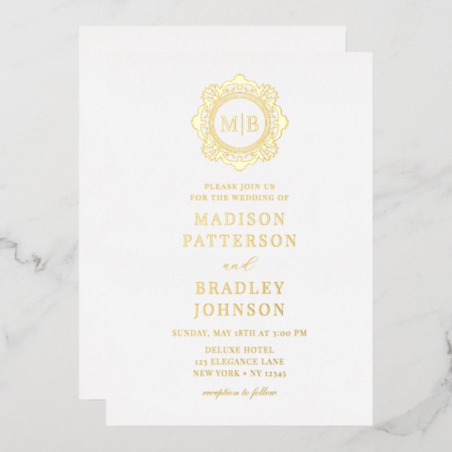 Ornate Floral Monogram Wedding Elegant Foil Invitation (Front/Back)