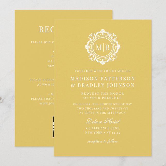 Ornate Floral Monogram Wedding Elegant Gold Invitation (Front/Back)