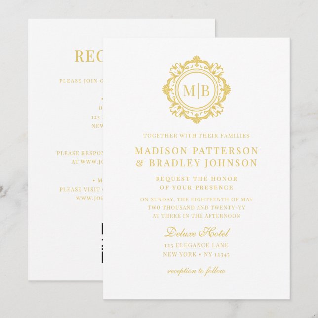 Ornate Floral Monogram Wedding Elegant Gold Invitation (Front/Back)