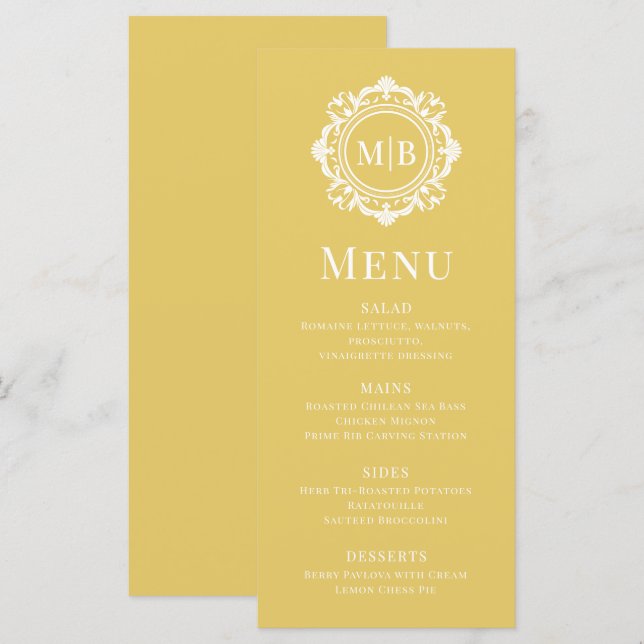 Ornate Floral Monogram Wedding Elegant Gold  Menu (Front/Back)