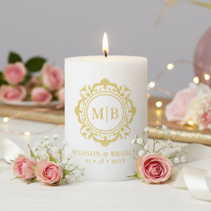 Ornate Floral Monogram Wedding Elegant Gold  Pillar Candle