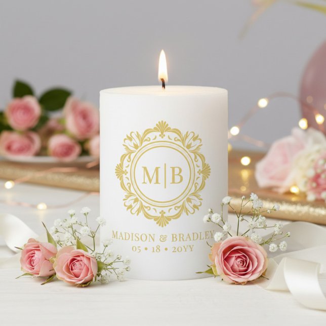 Ornate Floral Monogram Wedding Elegant Gold  Pillar Candle (Creator Uploaded)