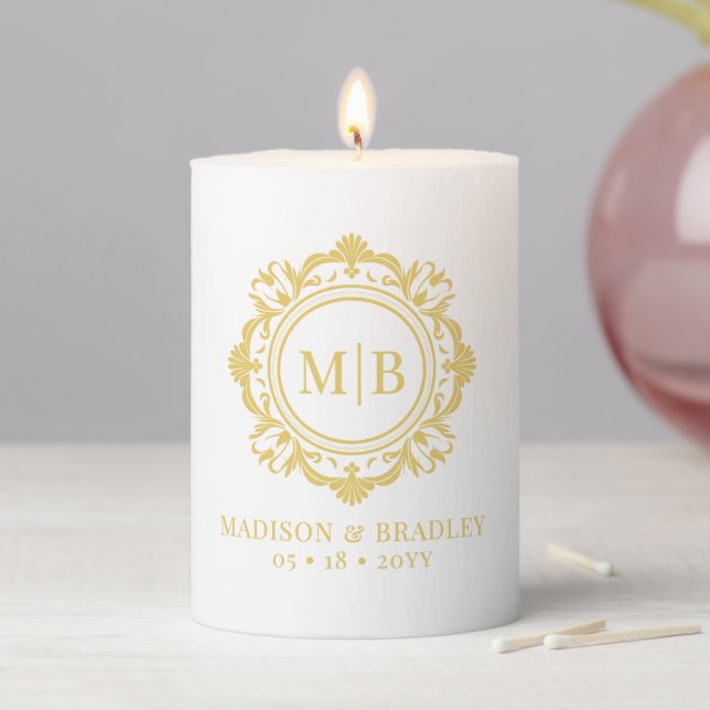 Ornate Floral Monogram Wedding Elegant Gold  Pillar Candle (In Situ)