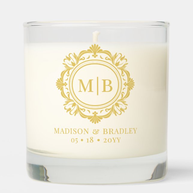 Ornate Floral Monogram Wedding Elegant Gold  Scented Candle (Front)