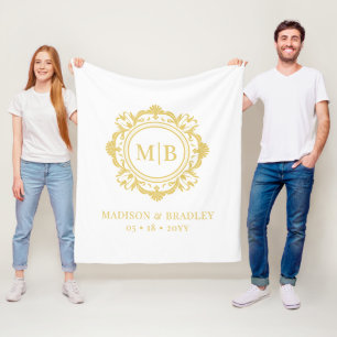 Ornate Floral Monogram Wedding Elegant Gold White Fleece Blanket