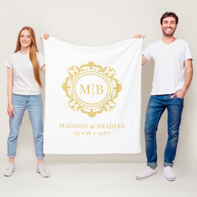 Ornate Floral Monogram Wedding Elegant Gold White Fleece Blanket (In Situ)