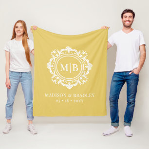 Ornate Floral Monogram Wedding Elegant Gold White Fleece Blanket