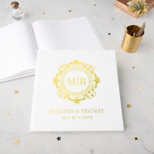 Ornate Floral Monogram Wedding Elegant Gold White Foil Guest Book