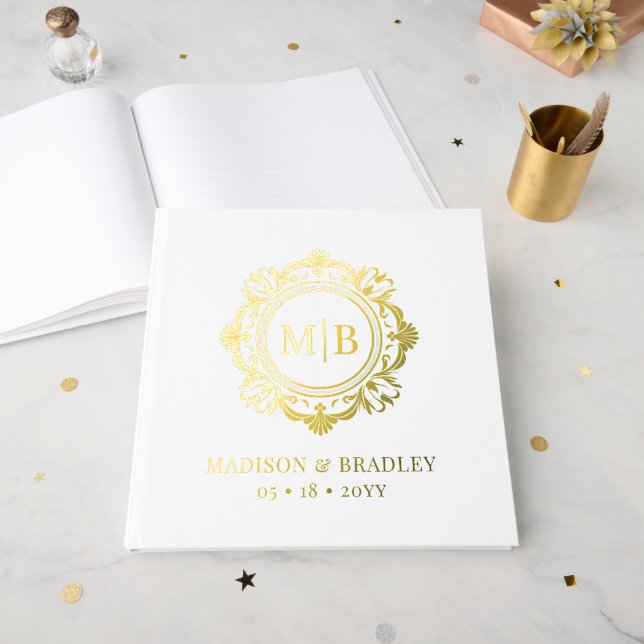 Ornate Floral Monogram Wedding Elegant Gold White Foil Guest Book (Front Open)