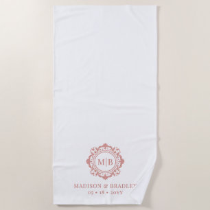 Ornate Floral Monogram Wedding Elegant Rose Gold Beach Towel