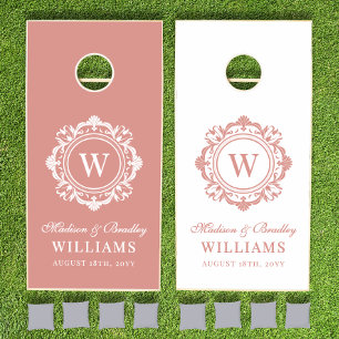 Ornate Floral Monogram Wedding Elegant Rose Gold Cornhole Set