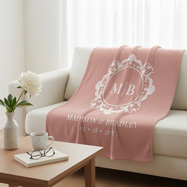 Ornate Floral Monogram Wedding Elegant Rose Gold Fleece Blanket (Creator Uploaded)