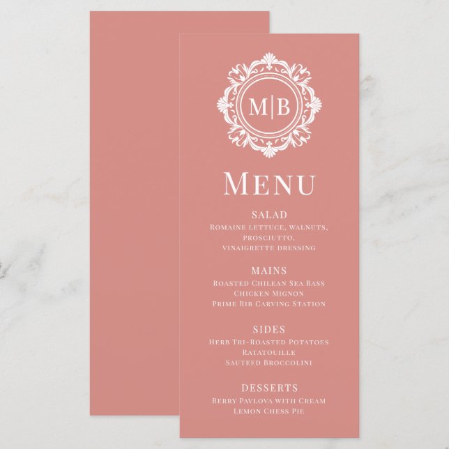 Ornate Floral Monogram Wedding Elegant Rose Gold Menu (Front/Back)