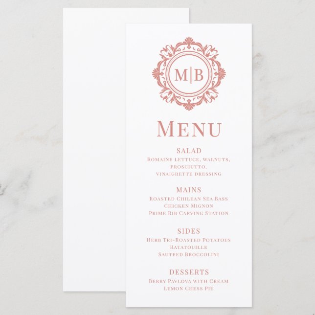 Ornate Floral Monogram Wedding Elegant Rose Gold Menu (Front/Back)