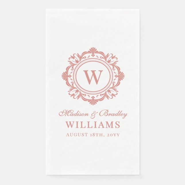 Ornate Floral Monogram Wedding Elegant Rose Gold Paper Guest Towels (Front)
