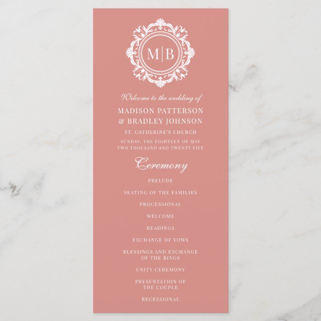 Ornate Floral Monogram Wedding Elegant Rose Gold Program (Front)