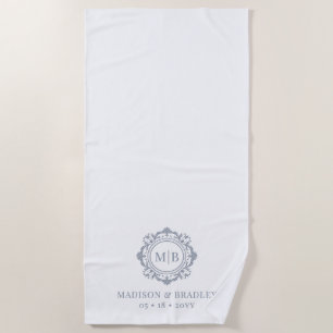 Ornate Floral Monogram Wedding Elegant Silver Beach Towel