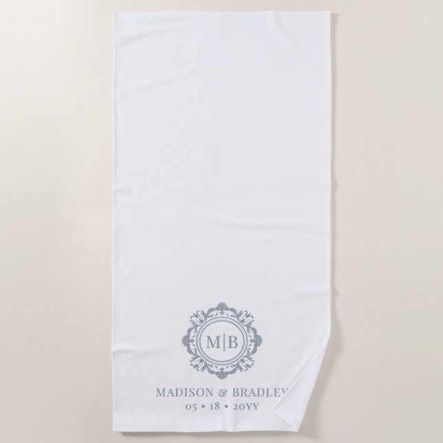 Ornate Floral Monogram Wedding Elegant Silver Beach Towel (Front)