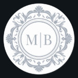 Ornate Floral Monogram Wedding Elegant Silver Classic Round Sticker<br><div class="desc">Ornate Floral Monogram Wedding Elegant Silver Classic Round Sticker features your personalized monogrammed initials in elegant script typography surrounded by an ornamental floral frame and custom text overlay on a white background. Add as an envelope seal to your wedding invitations, save the dates, wedding favors, gifts and more. Perfect luxury...</div>