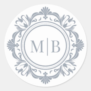 Ornate Floral Monogram Wedding Elegant Silver Classic Round Sticker