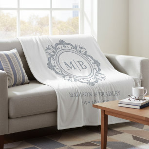 Ornate Floral Monogram Wedding Elegant Silver Fleece Blanket