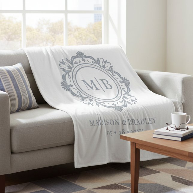 Ornate Floral Monogram Wedding Elegant Silver Fleece Blanket (Creator Uploaded)