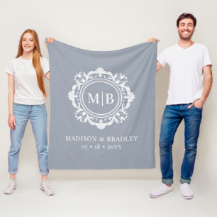 Ornate Floral Monogram Wedding Elegant Silver Fleece Blanket