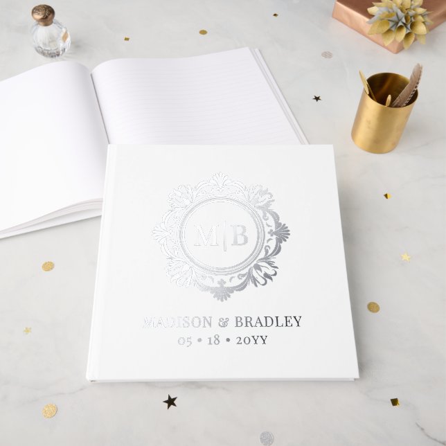 Ornate Floral Monogram Wedding Elegant Silver Foil Guest Book (Front Open)