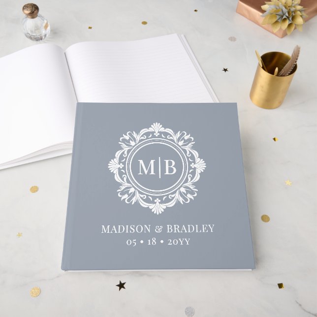 Ornate Floral Monogram Wedding Elegant Silver Guest Book (Front Open)