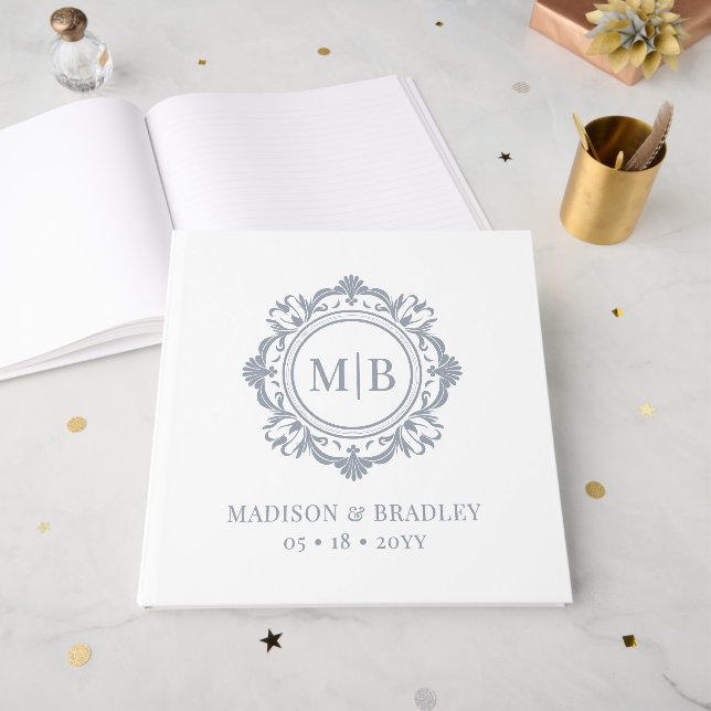 Ornate Floral Monogram Wedding Elegant Silver Guest Book (Front Open)