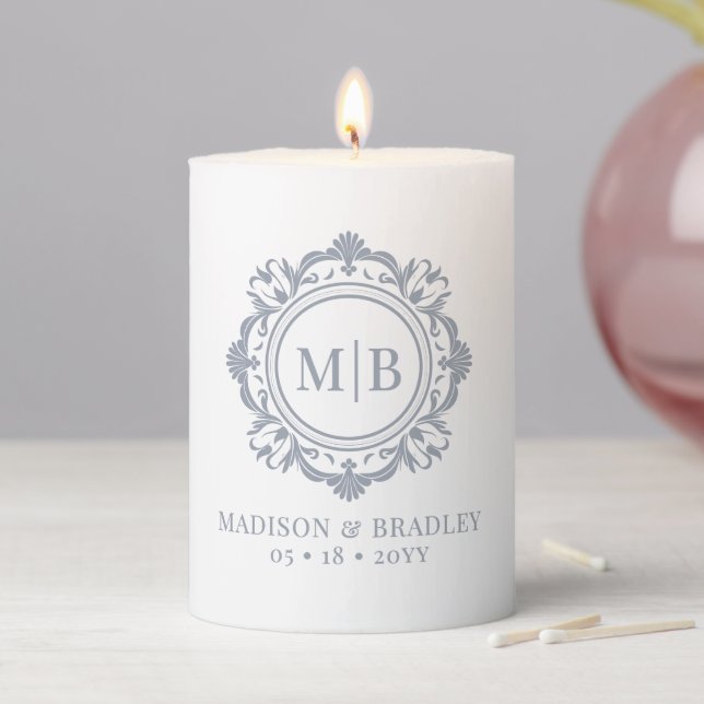 Ornate Floral Monogram Wedding Elegant Silver  Pillar Candle (In Situ)