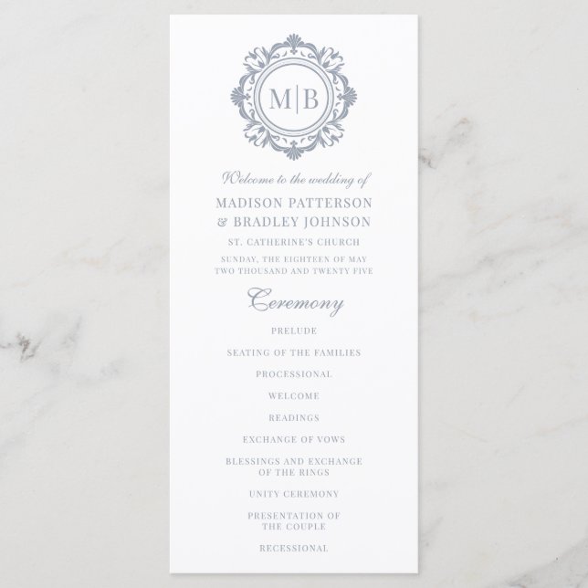 Ornate Floral Monogram Wedding Elegant Silver Program (Front)