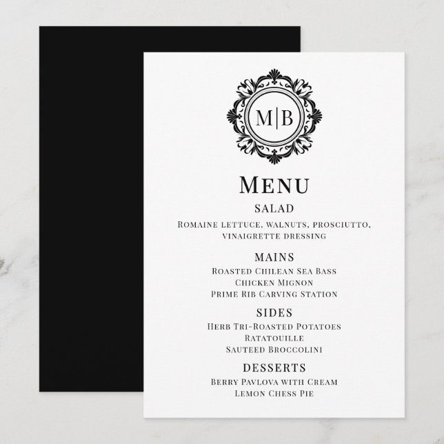 Ornate Floral Monogram Wedding Menu Black White (Front/Back)