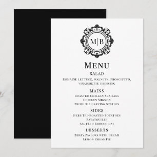 Ornate Floral Monogram Wedding Menu Black White