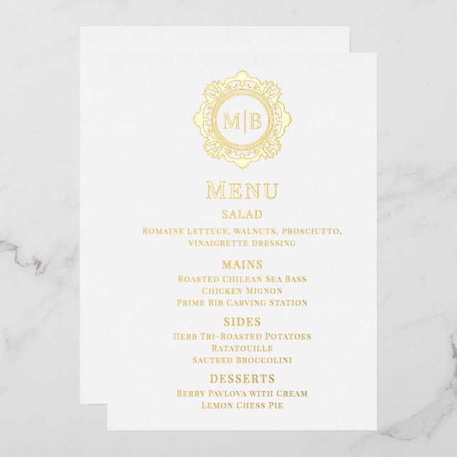 Ornate Floral Monogram Wedding Menu Foil Invitation (Front/Back)