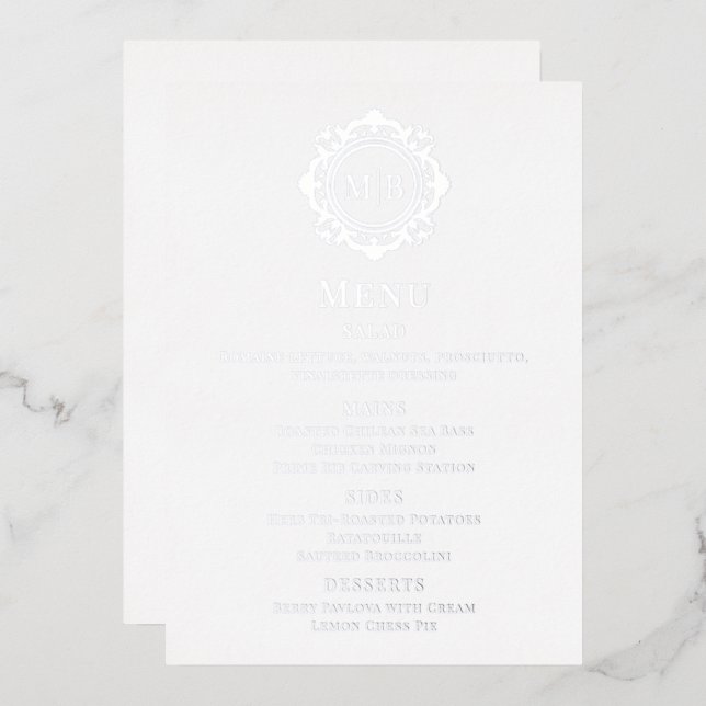 Ornate Floral Monogram Wedding Menu Foil Invitation (Front/Back)