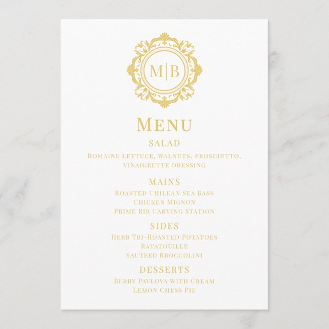 Ornate Floral Monogram Wedding Menu Gold (Front)