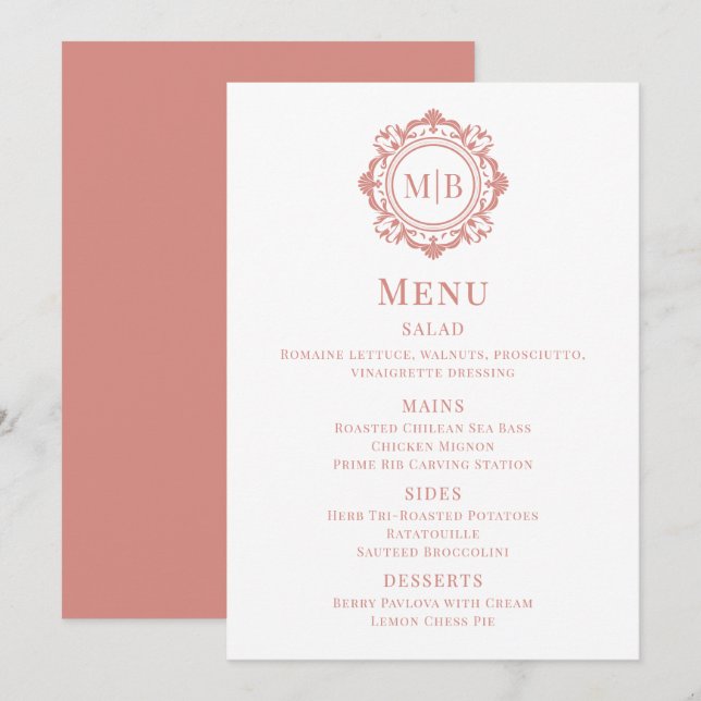 Ornate Floral Monogram Wedding Menu Rose Gold (Front/Back)