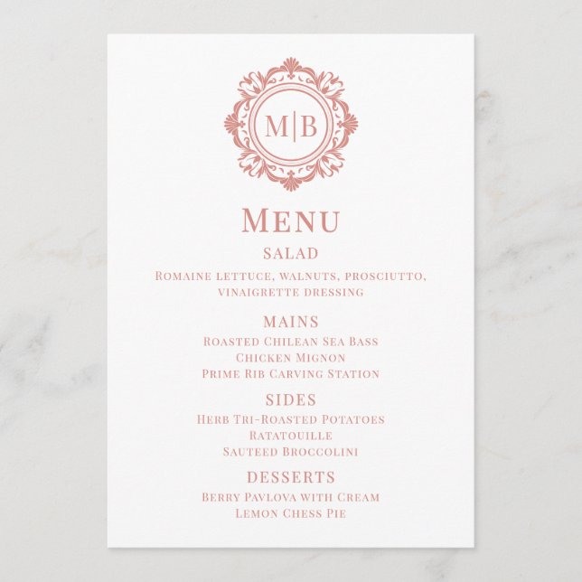 Ornate Floral Monogram Wedding Menu Rose Gold (Front)