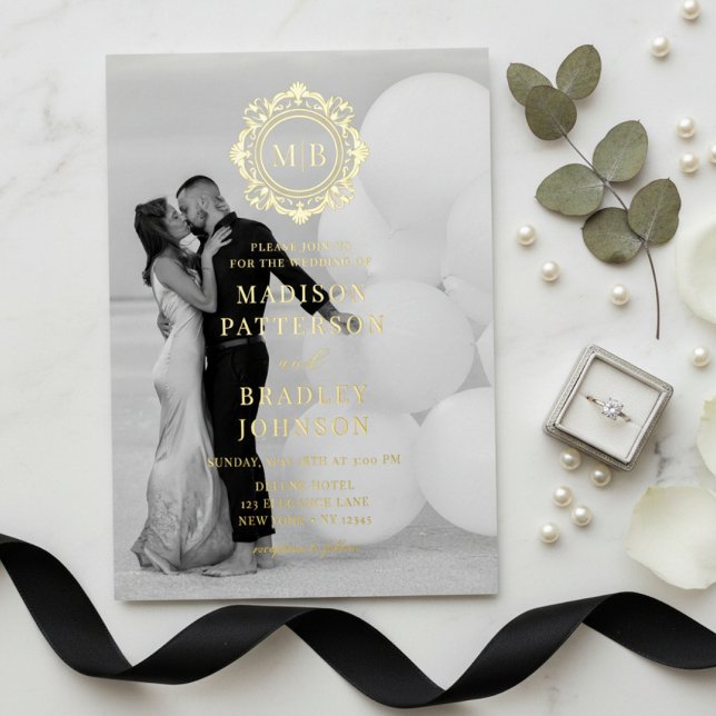 Ornate Floral Monogram Wedding Photo Elegant Foil Invitation (Creator Uploaded)