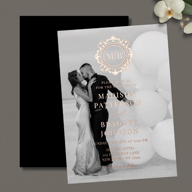 Ornate Floral Monogram Wedding Photo Elegant Foil Invitation (Creator Uploaded)