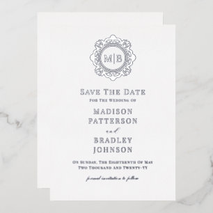 Ornate Floral Monogram Wedding Save The Date Foil Invitation