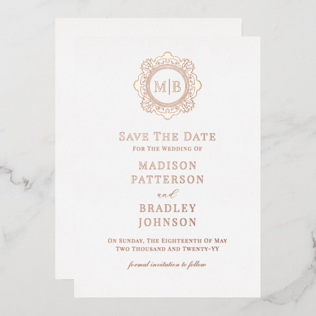 Ornate Floral Monogram Wedding Save The Date Foil Invitation (Front/Back)