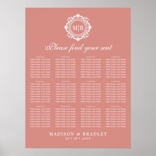 Ornate Floral Monogram Wedding Seating Chart (Front)